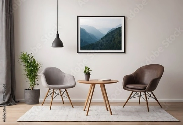 Fototapeta Frame mockup, ISO A paper size. Living room poster mockup. Interior mockup with house white background. Modern interior design. 3D render