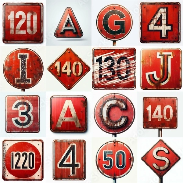 Fototapeta Red Road traffic sign Lettering Typeface. AI generated illustration