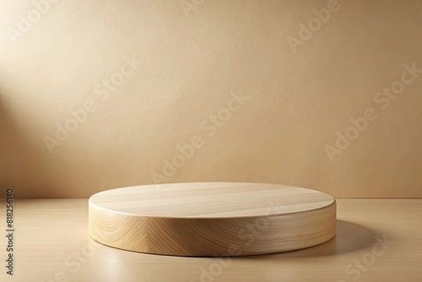 Fototapeta Empty wooden round platform on neutral background
