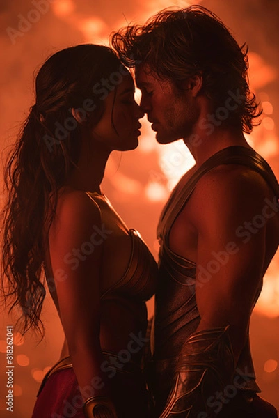 Obraz warring fantasy couple standing very close foreheads almost touching in an epic fantasy setting, emotional, love,