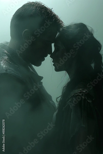 Obraz beloved medieval fantasy couple in the rain in intense confrontation
