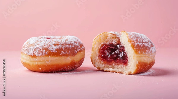 Fototapeta Two donuts with powdered sugar on top and one of them has a hole in it. The donut with the hole is cut in half, revealing the jelly filling inside