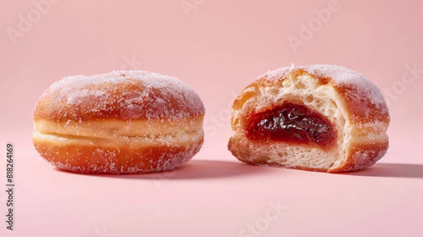 Fototapeta A donut with a hole in it and another donut with powdered sugar on it