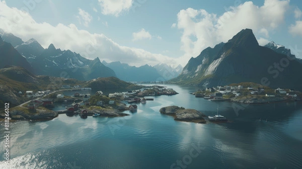 Fototapeta Enchanting Lofoten: Aerial View of Norway's Coastal Charm. Generative AI