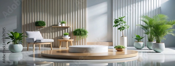 Fototapeta Generative ai. A minimalist indoor space with a raised circular platform in the center. The room features several potted green plants of varying sizes placed on wooden stools