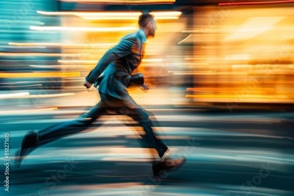 Fototapeta An action shot of a businessman running, captured with motion blur, conveying urgency, speed, and the pace of city life