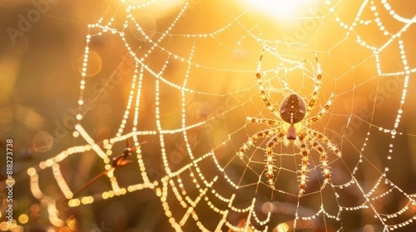 Fototapeta spider silhouette on dewy web in morning light nature closeup photograph
