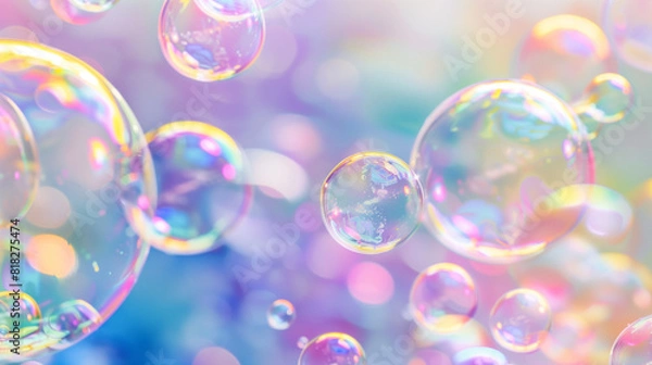 Fototapeta Rainbow soap bubbles on bright colorful background close up