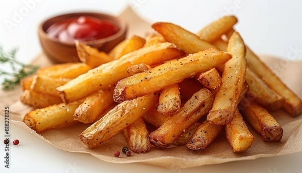 Obraz Crispy golden French fries served with a side of tangy ketchup, seasoned to perfection and ready to enjoy. A delicious snack or side dish!
