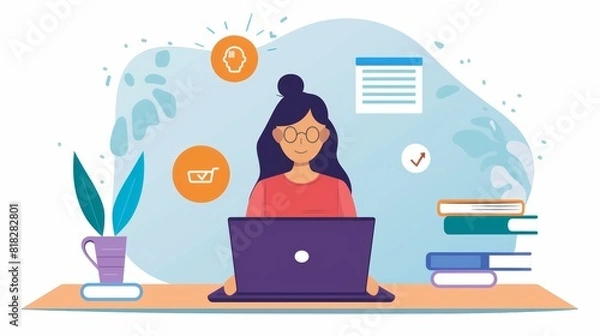 Fototapeta Online Language Learning: Woman Engaged in Virtual Speaking Practice on Laptop