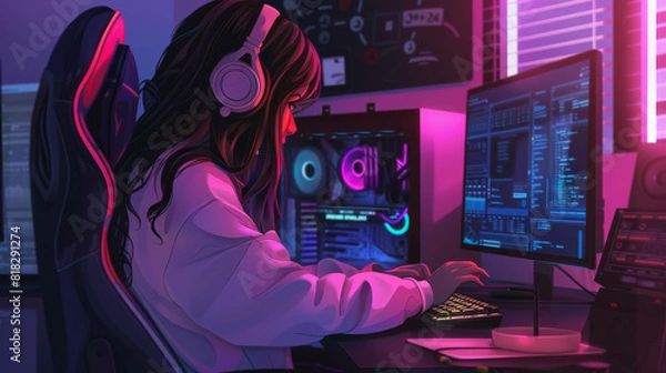 Fototapeta A woman is sitting in front of a computer with a keyboard and a mouse. She is wearing headphones and is typing on the keyboard. The room is dimly lit and has a neon glow