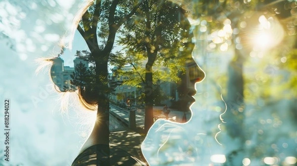 Obraz Double exposure of woman's silhouette and nature, blending human and nature elements. Perfect for artistic, environmental, and conceptual themes.