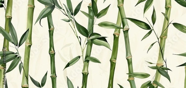 Fototapeta Bamboo pattern wallpaper, green stalks and leaves, natural and calming.