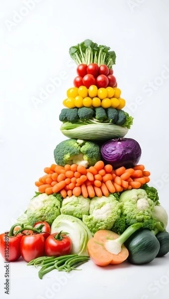 Fototapeta Various vegetables in shape of pyramid on white background.