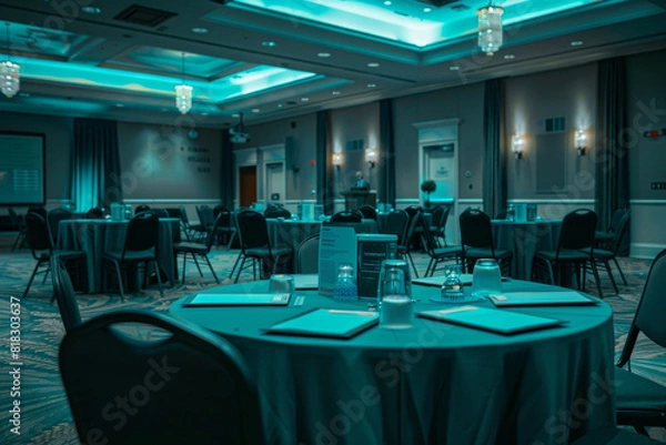 Fototapeta A large room with tables and chairs set up for a meeting