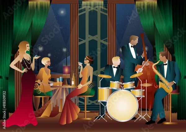 Obraz Jazz musicians in a restaurant, cafe or bar. Double bass, saxophone, drum. Musicians play musical instruments