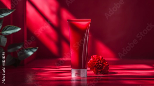 Fototapeta red cosmetic tube standing upright against a matching red background