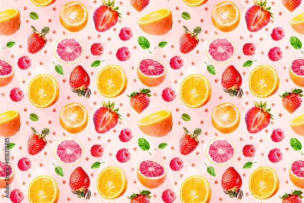 Fototapeta A colorful fruit pattern with oranges, strawberries, and raspberries