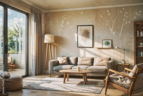 Fototapeta Scandinavian Living Room with Natural Light and Botanical Wall Art