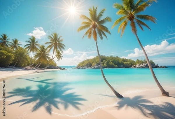 Fototapeta Sunny tropical Caribbean beach with palm trees, Turquoise Water, hot summer day, Summer Background, Sandy tropical beach with island on background
