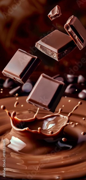 Fototapeta A chocolate bar is falling into a chocolate puddle