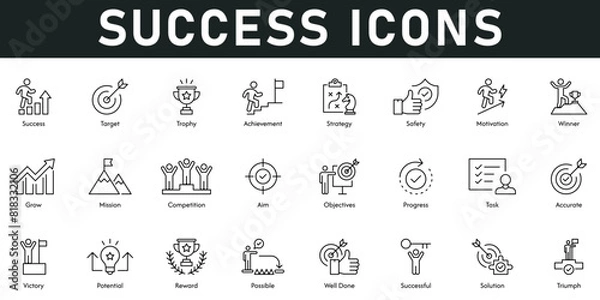 Obraz Success Icons vector illustration with thin line editable stroke containing target, achievement, strategy, safety, motivation, winner, grow, mission, competition, aim, objectives, progress, task