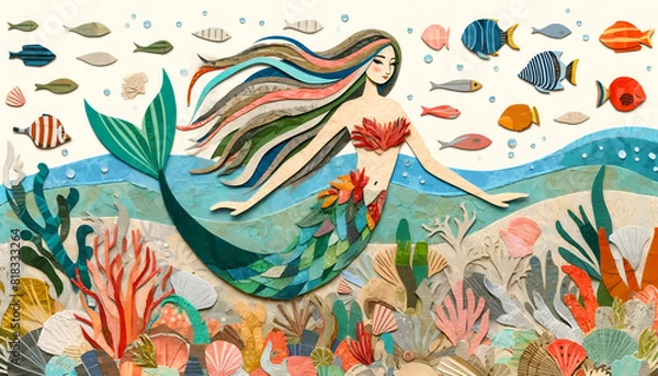 Fototapeta Mermaid in Underwater Paradise Collage with Bold Lines, Vibrant Coral Reefs, Colorful Fish, and Fantasy Elements, Fantasy Background, Wall Art, 4K Wallpaper, Frame TV Art