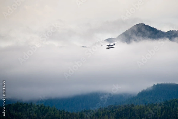 Fototapeta Float plane flying through a cloudy sky in Alaska