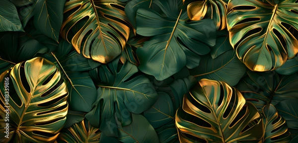 Obraz Nature and abstract texture, background of monstera leaves, green gold tropical leaves. Dense foliage of dark green monstera leaves with a few leaves displaying yellow variegation, creating a rich bot