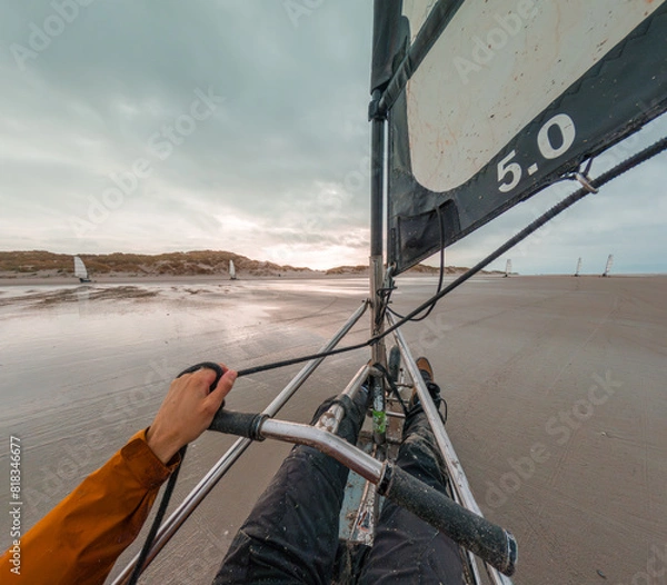 Fototapeta Blokart beach sailing in Terschelling island in the Wadden Sea - Holland or the Netherlands