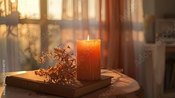 Fototapeta An amber candle in a glass jar, standing on a table next to dried flowers and a book, in a room filled with warm light from the window, creating a cozy atmosphere.