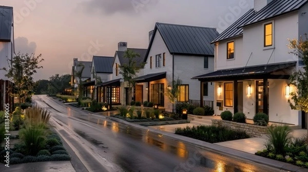 Fototapeta A row of modern townhouses with low roofs, a light gray color scheme and metallic accents. The houses have large windows and the front facades feature small gardens and street lights.