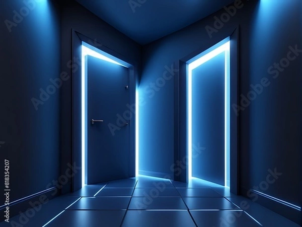 Fototapeta  3d render, abstract blue geometric background design. Bright light goes through the door portal inside the empty dark room design. 