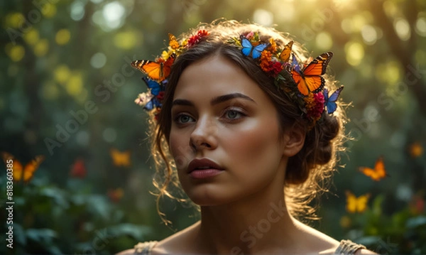 Fototapeta Portrait. A Beautiful Young Woman in the Forest with Colorful Butterflies on Her Head.