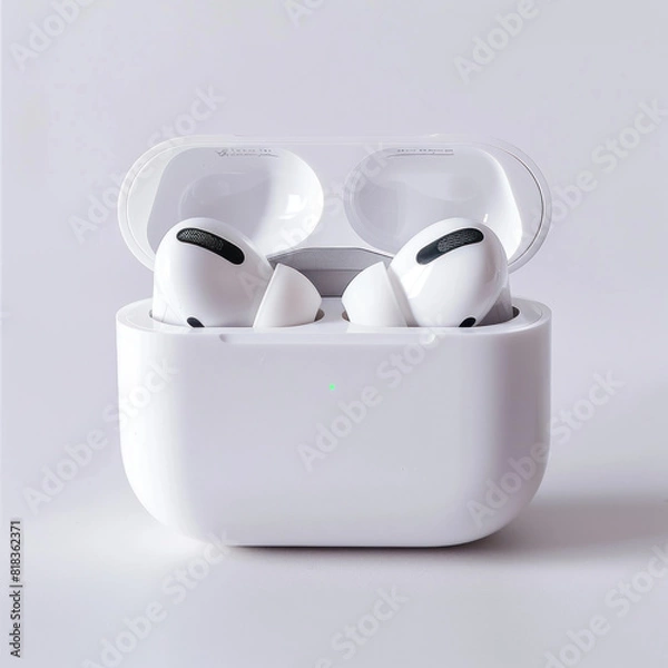 Fototapeta White wireless earbuds in an open case on a white background, reflecting modern design and high functionality.
