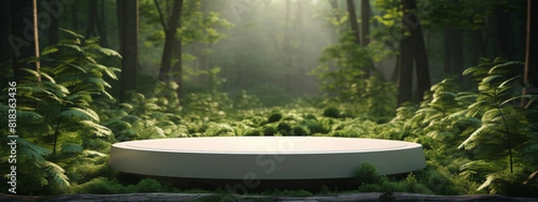 Fototapeta Podium background product green nature 3D forest stand white plant. Cosmetic background product podium display wood jungle studio garden beauty platform presentation mockup pedestal stone tropical
