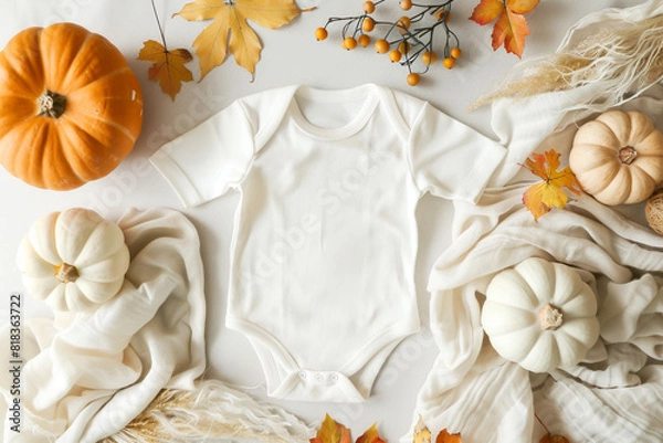 Obraz Fall white cotton baby bodysuit with autumn pumpkins and leaves and beige linen fabric on a white background with copy space, autumn pregnancy announcement mockup template, Generative AI	