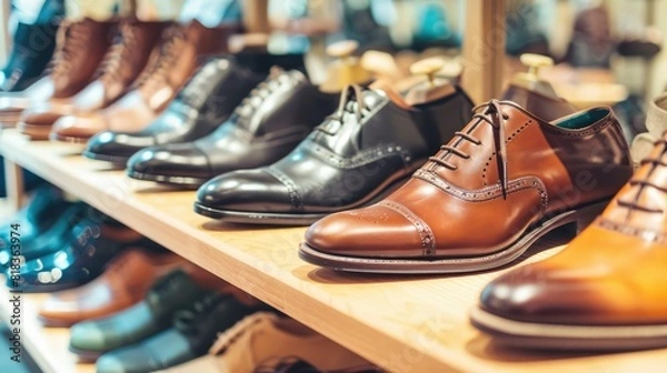 Fototapeta Row of men's classic leather shoes on the shelf on display at a store