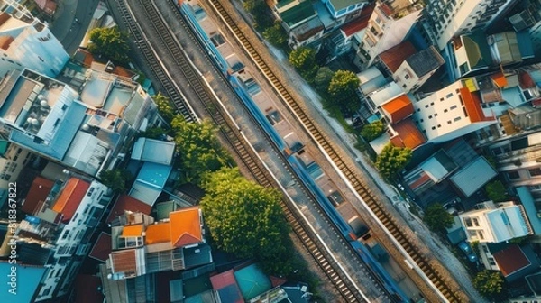 Fototapeta Aerial view of a train riding on the track with residential buildings at sides