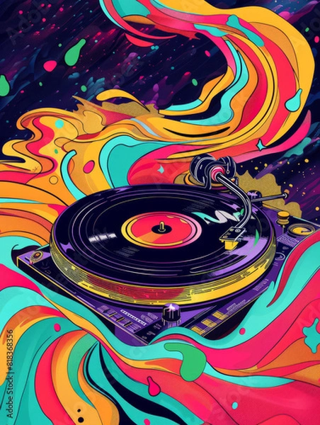 Fototapeta pop art 60s psychedelic colorful trippy retro style image of vinyl record album on a turntable with music coming out of it in waves and dance party atmosphere background
