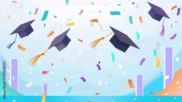 Fototapeta Create a modern and dynamic illustration of graduation caps flying in the air with colorful confetti