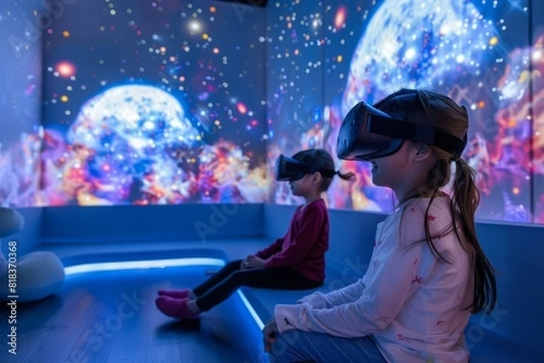 Fototapeta Children Engaged in Virtual Reality Experience at Interactive Learning Center During Afternoon Session