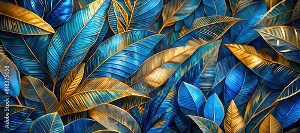 Obraz A grunge-style golden leaves banner on a tree branch on a blue background with a turquoise texture. The cold and golden colors of nature, the floral background. Autumn, artistic painting