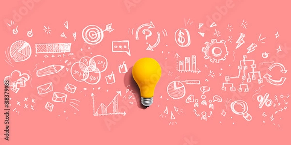 Obraz Marketing strategy concept with a light bulb - Flat lay