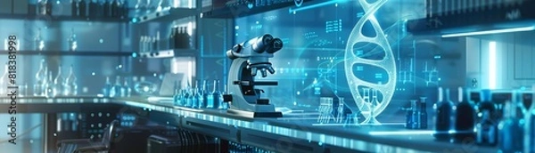Fototapeta A futuristic laboratory with a holographic DNA strand glowing in blue
