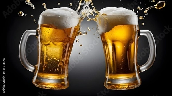 Fototapeta Isolated on translucent background, two beer mugs toasting and making a splash; remove png, clipping path, pen tool, white