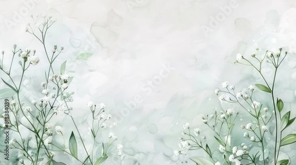 Fototapeta Illustration of a greeting card template watercolor painting of delicate white gypsophila flowers and green leaves blended background. Mockup for invitation card
