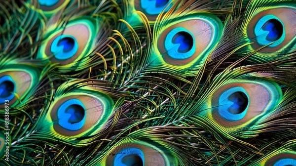 Fototapeta Vibrant Peacock Feathers Close-up Display, Exotic Bird Plumage Detail, Nature's Beauty in Bright Colors and Patterns. Perfect for Backgrounds and Textures. AI
