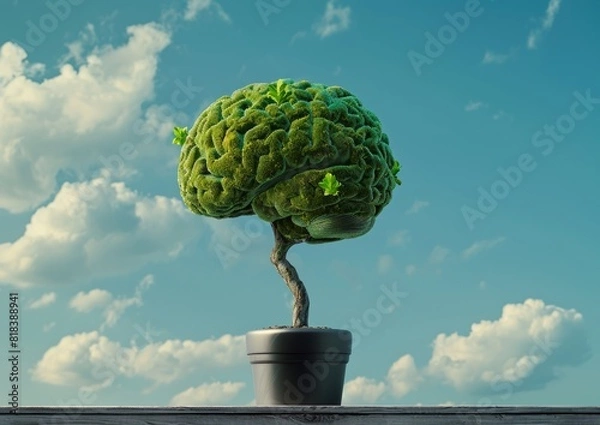 Fototapeta A green bonsai tree shaped like the human brain on a wooden table with a blue sky background