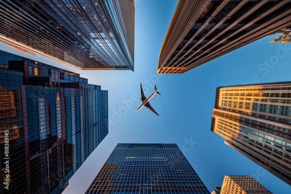 Fototapeta Low-angle view of tall skyscrapers with an airplane flying above, symbolizing the sky in business photography.
